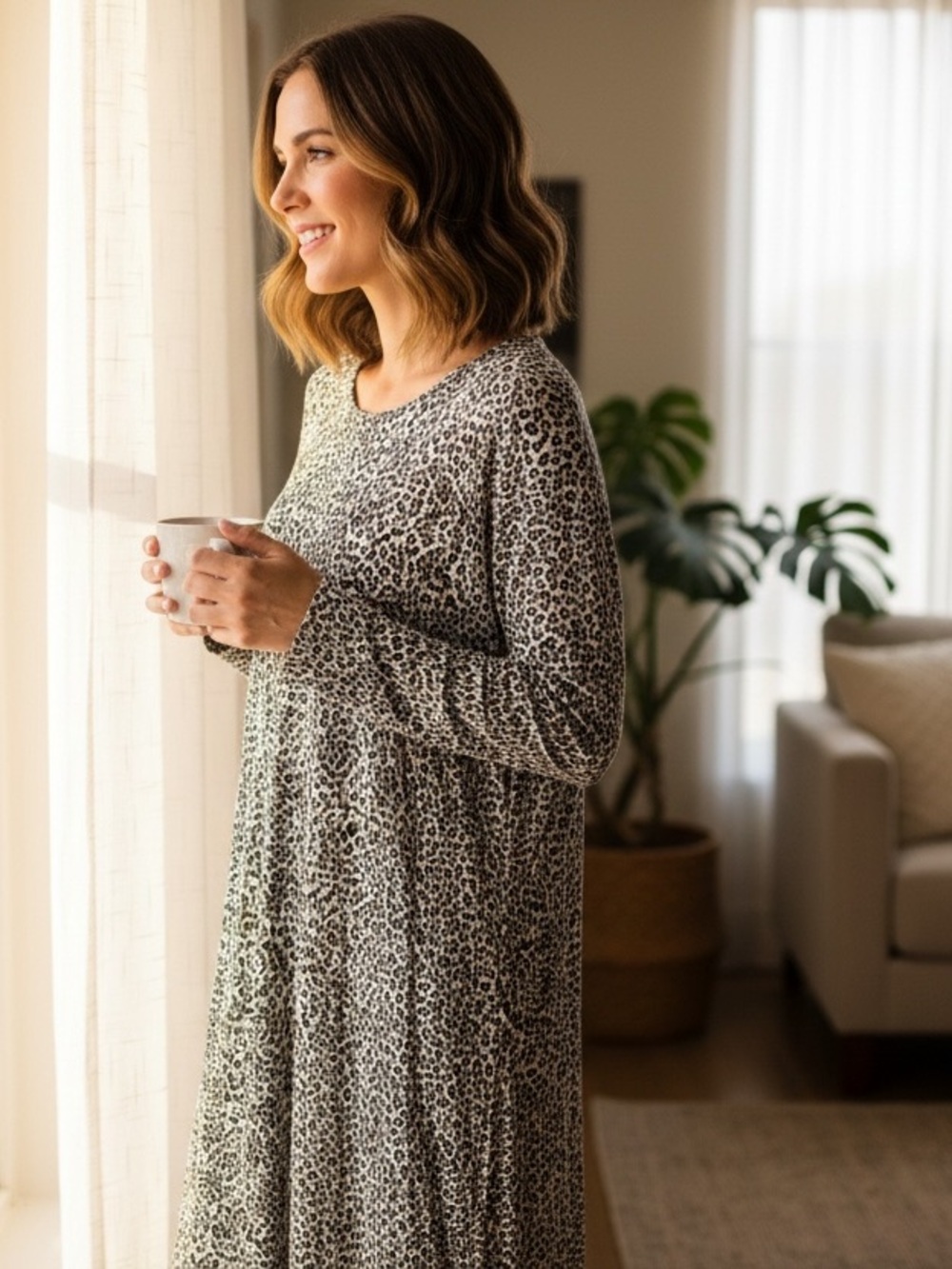 Old Navy Jersey-Knit Long-Sleeve Leopard Print Swing Dress Black/Cream XL